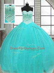 Comfortable Ball Gowns Quinceanera Gowns Turquoise Sweetheart Tulle Sleeveless Floor Length Lace Up