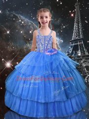 Light Blue Ball Gowns Organza Straps Sleeveless Beading and Ruffled Layers Floor Length Lace Up Little Girls Pageant Gowns