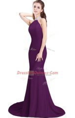 Best Selling Sleeveless Elastic Woven Satin Brush Train Side Zipper Prom Evening Gown in Purple with Beading