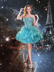 Fabulous Aqua Blue Organza Lace Up Quinceanera Gowns Sleeveless Floor Length Beading and Ruffles