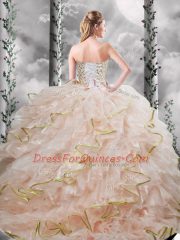 Peach Ball Gowns Sweetheart Sleeveless Organza Brush Train Lace Up Beading and Ruffles Quinceanera Gown