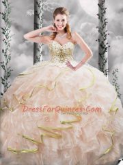 Peach Ball Gowns Sweetheart Sleeveless Organza Brush Train Lace Up Beading and Ruffles Quinceanera Gown