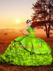 Custom Designed Sleeveless Embroidery and Ruffles Lace Up Quinceanera Gowns