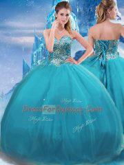 Chic Floor Length Lace Up 15 Quinceanera Dress Teal for Military Ball and Sweet 16 and Quinceanera with Appliques
