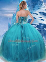 Chic Floor Length Lace Up 15 Quinceanera Dress Teal for Military Ball and Sweet 16 and Quinceanera with Appliques
