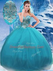 Chic Floor Length Lace Up 15 Quinceanera Dress Teal for Military Ball and Sweet 16 and Quinceanera with Appliques