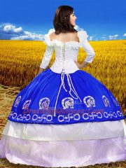 Luxury Royal Blue Ball Gowns Embroidery Quinceanera Dress Lace Up Taffeta 3 4 Length Sleeve Floor Length