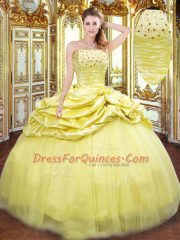 Sophisticated Gold Sleeveless Floor Length Beading and Pick Ups Lace Up Quinceanera Dress