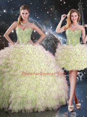 Yellow Green Quinceanera Gown Military Ball and Sweet 16 and Quinceanera with Beading and Ruffles Sweetheart Sleeveless Lace Up