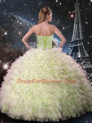 Yellow Green Quinceanera Gown Military Ball and Sweet 16 and Quinceanera with Beading and Ruffles Sweetheart Sleeveless Lace Up