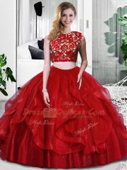 Admirable Wine Red Tulle Zipper 15th Birthday Dress Sleeveless Floor Length Lace and Ruffles