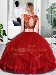 Admirable Wine Red Tulle Zipper 15th Birthday Dress Sleeveless Floor Length Lace and Ruffles
