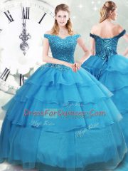Baby Blue Lace Up Quinceanera Dress Beading and Ruffled Layers Sleeveless Brush Train