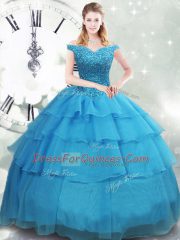 Baby Blue Lace Up Quinceanera Dress Beading and Ruffled Layers Sleeveless Brush Train