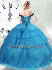 Baby Blue Lace Up Quinceanera Dress Beading and Ruffled Layers Sleeveless Brush Train