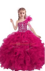 Ball Gowns Little Girl Pageant Dress Fuchsia One Shoulder Organza Sleeveless Floor Length Lace Up