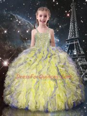 Straps Sleeveless Little Girl Pageant Gowns Floor Length Beading and Ruffles Light Yellow Organza