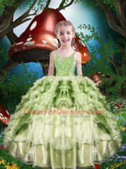 Yellow Green Lace Up Little Girl Pageant Dress Beading and Ruffles and Ruffled Layers Short Sleeves Floor Length