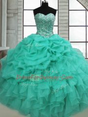Sweetheart Sleeveless Sweet 16 Quinceanera Dress Floor Length Beading and Ruffles and Pick Ups Turquoise Organza