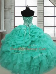 Sweetheart Sleeveless Sweet 16 Quinceanera Dress Floor Length Beading and Ruffles and Pick Ups Turquoise Organza
