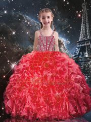 Straps Sleeveless Kids Pageant Dress Floor Length Beading and Ruffles Coral Red Organza