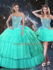 Turquoise Ball Gowns Organza Sweetheart Sleeveless Ruffled Layers and Sequins Floor Length Lace Up Ball Gown Prom Dress