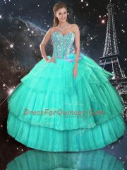 Turquoise Ball Gowns Organza Sweetheart Sleeveless Ruffled Layers and Sequins Floor Length Lace Up Ball Gown Prom Dress