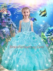 Aqua Blue Straps Lace Up Beading and Ruffles Kids Formal Wear Sleeveless