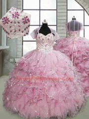 Spaghetti Straps Sleeveless Brush Train Lace Up Kids Pageant Dress Baby Pink Organza