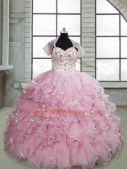 Spaghetti Straps Sleeveless Brush Train Lace Up Kids Pageant Dress Baby Pink Organza