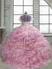 Spaghetti Straps Sleeveless Brush Train Lace Up Kids Pageant Dress Baby Pink Organza
