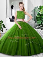 Beauteous Lace and Ruching 15th Birthday Dress Olive Green Zipper Sleeveless Floor Length