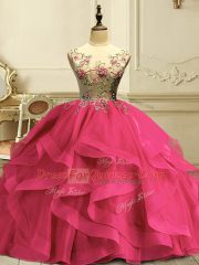 Admirable Appliques and Ruffles Sweet 16 Dresses Hot Pink Lace Up Sleeveless Floor Length