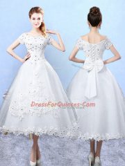 Sexy Ankle Length A-line Short Sleeves White Quinceanera Court Dresses Lace Up