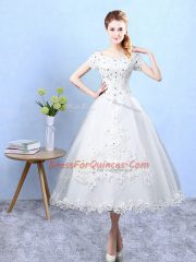 Sexy Ankle Length A-line Short Sleeves White Quinceanera Court Dresses Lace Up