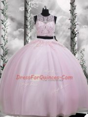 Baby Pink Two Pieces Scoop Sleeveless Tulle Floor Length Zipper Beading and Appliques Sweet 16 Dress