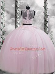 Baby Pink Two Pieces Scoop Sleeveless Tulle Floor Length Zipper Beading and Appliques Sweet 16 Dress