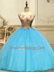 Latest Baby Blue Ball Gowns Scoop Sleeveless Organza Floor Length Lace Up Appliques Ball Gown Prom Dress
