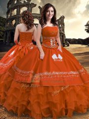 Rust Red Strapless Zipper Embroidery and Ruffled Layers Sweet 16 Quinceanera Dress Sleeveless