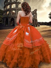 Rust Red Strapless Zipper Embroidery and Ruffled Layers Sweet 16 Quinceanera Dress Sleeveless