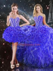 Blue Ball Gowns Beading and Ruffles 15 Quinceanera Dress Lace Up Organza Sleeveless Floor Length
