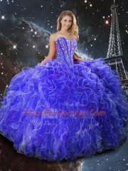 Blue Ball Gowns Beading and Ruffles 15 Quinceanera Dress Lace Up Organza Sleeveless Floor Length