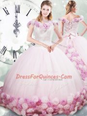 Stunning Pink Ball Gowns Fabric With Rolling Flowers Off The Shoulder Sleeveless Hand Made Flower Lace Up Quinceanera Gown Brush Train