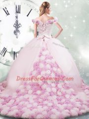 Stunning Pink Ball Gowns Fabric With Rolling Flowers Off The Shoulder Sleeveless Hand Made Flower Lace Up Quinceanera Gown Brush Train