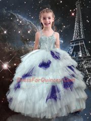 Floor Length Lace Up Child Pageant Dress White for Quinceanera and Wedding Party with Beading and Ruffled Layers