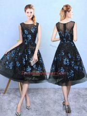 Square Sleeveless Damas Dress Knee Length Appliques Blue And Black Tulle