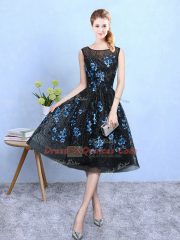 Square Sleeveless Damas Dress Knee Length Appliques Blue And Black Tulle