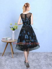 Square Sleeveless Damas Dress Knee Length Appliques Blue And Black Tulle