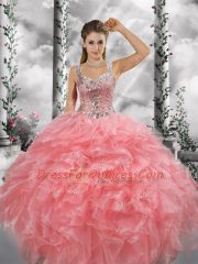 Beading and Ruffles Sweet 16 Dress Watermelon Red Zipper Sleeveless Floor Length