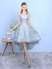Elegant Light Blue A-line Scoop Sleeveless Tulle and Printed High Low Zipper Appliques Vestidos de Damas